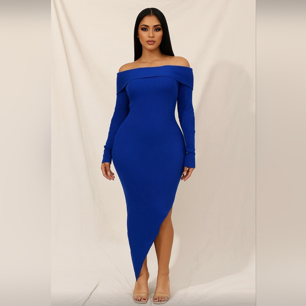 NWT Fashion Nova Assymetrical Hem Sweater Dress Sz XL Royal Blue Off Shoulder